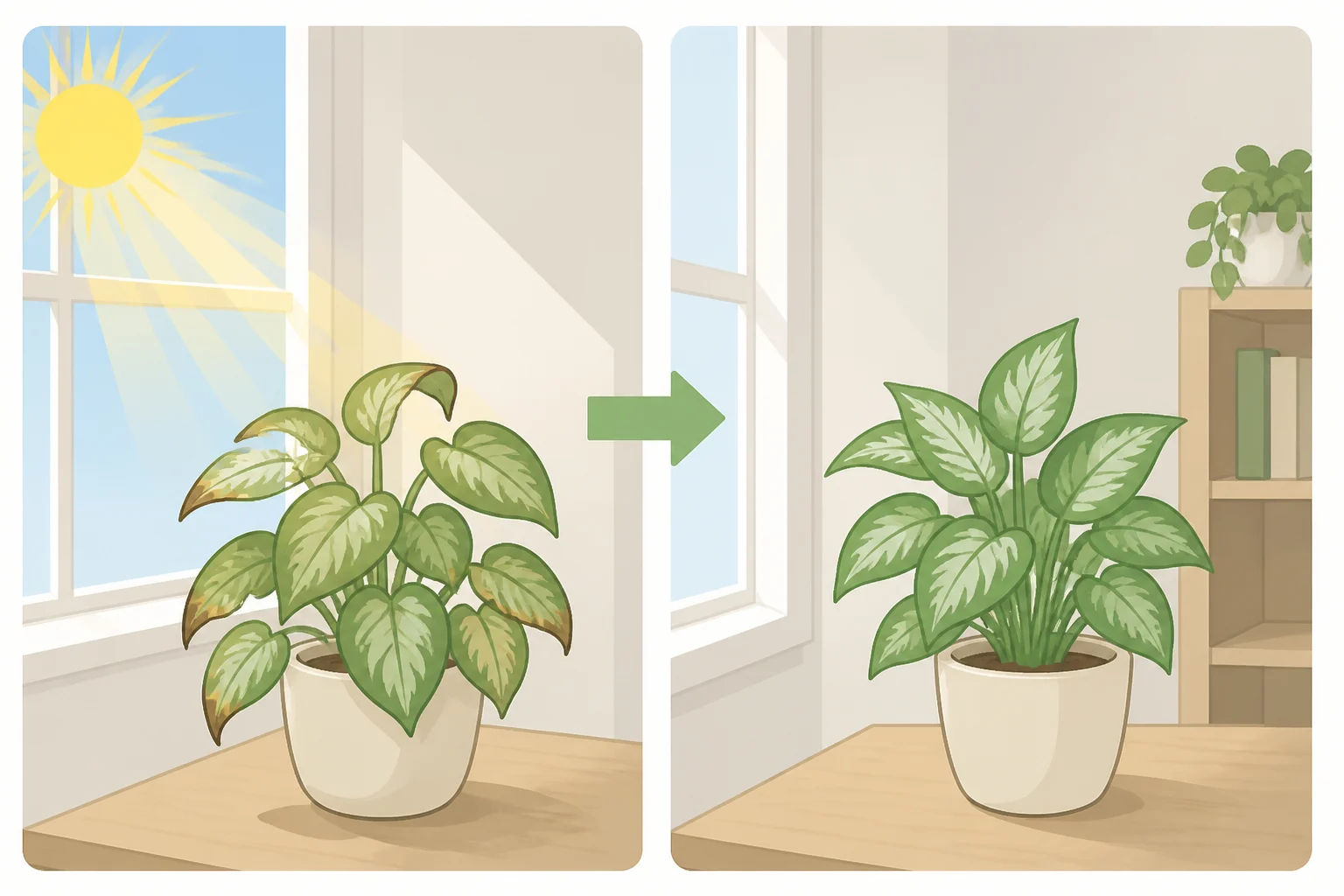 A shade-tolerant houseplant placed too close to a window with unfiltered direct sun, emphasizing where not to put houseplants in harsh light