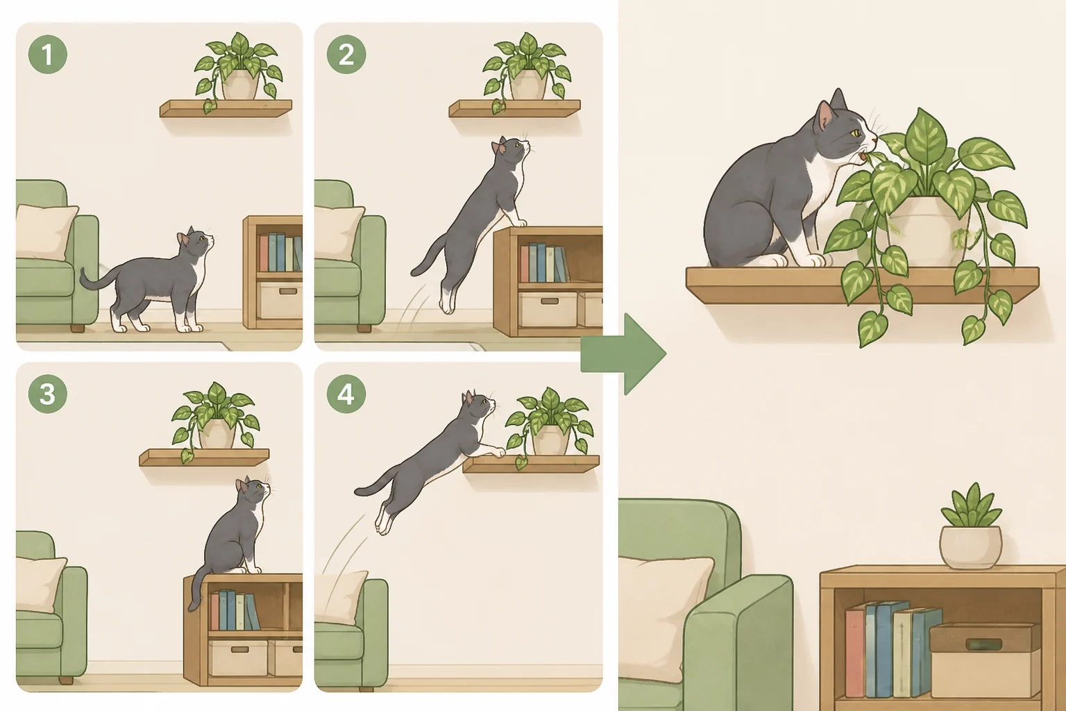 A cat stretching toward a houseplant on a windowsill/shelf, illustrating how pet access is about climbing ability rather than just floor height