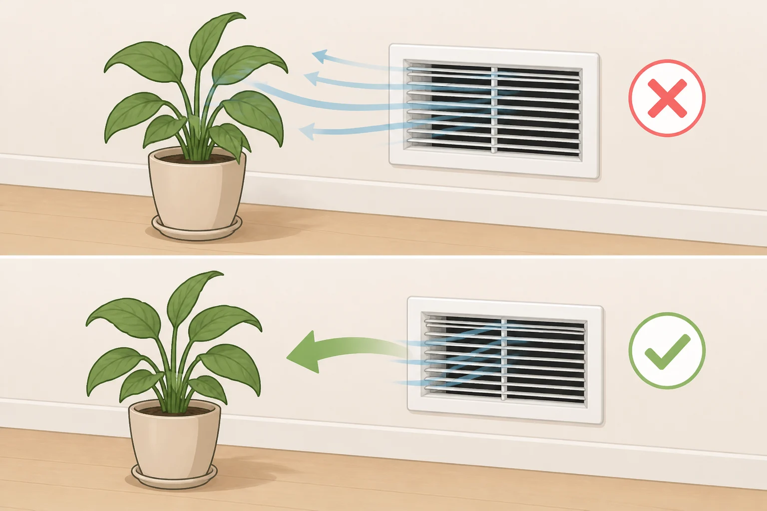 A potted foliage plant relocated away from a heating/AC vent so leaves are not exposed to hot or cold blasts