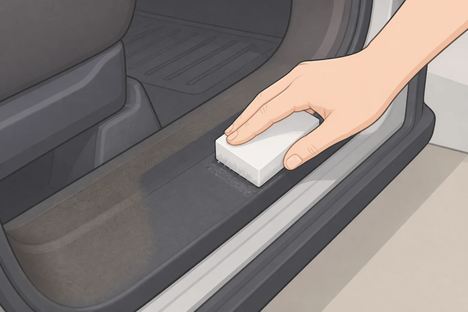 Close-up of a textured, uncoated car door sill with a Magic Eraser pad wiping a stubborn scuff, illustrating what can you clean on a car with a Magic Eraser safely in limited spot-treatment cases
