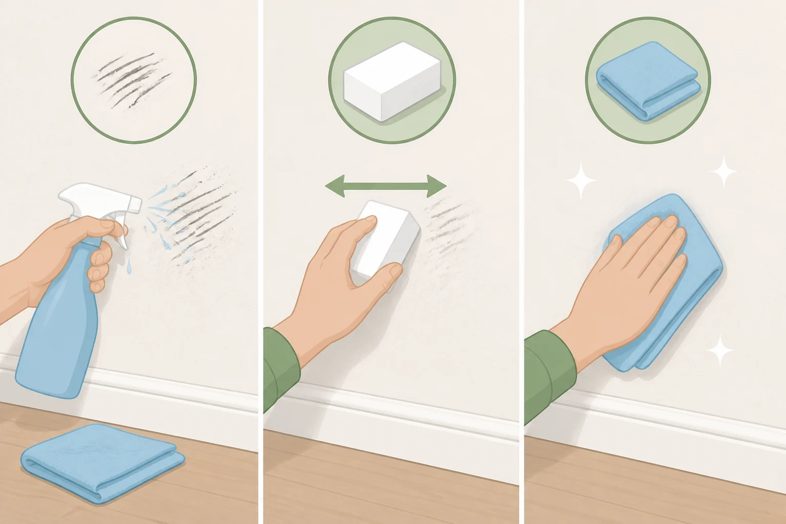 Step-by-step photo sequence of a damp Magic Eraser making one or two short spot-test passes, followed by wiping away foam residue with a clean microfiber cloth on a car surface