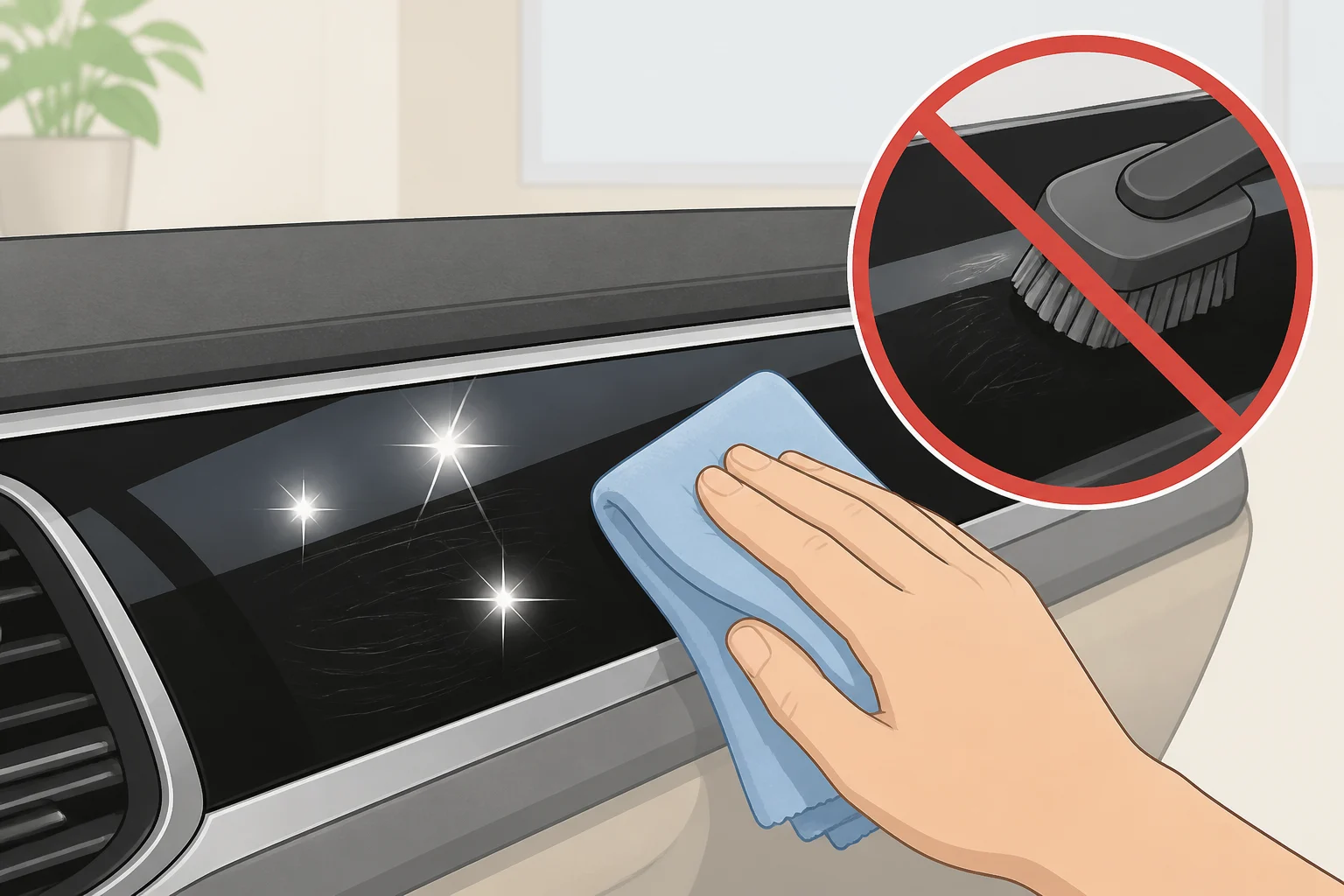 Illustration of gloss-black/piano-black exterior trim reflecting light cleanly, with a warning marker indicating it should be left alone because abrasion can scratch and dull the finish
