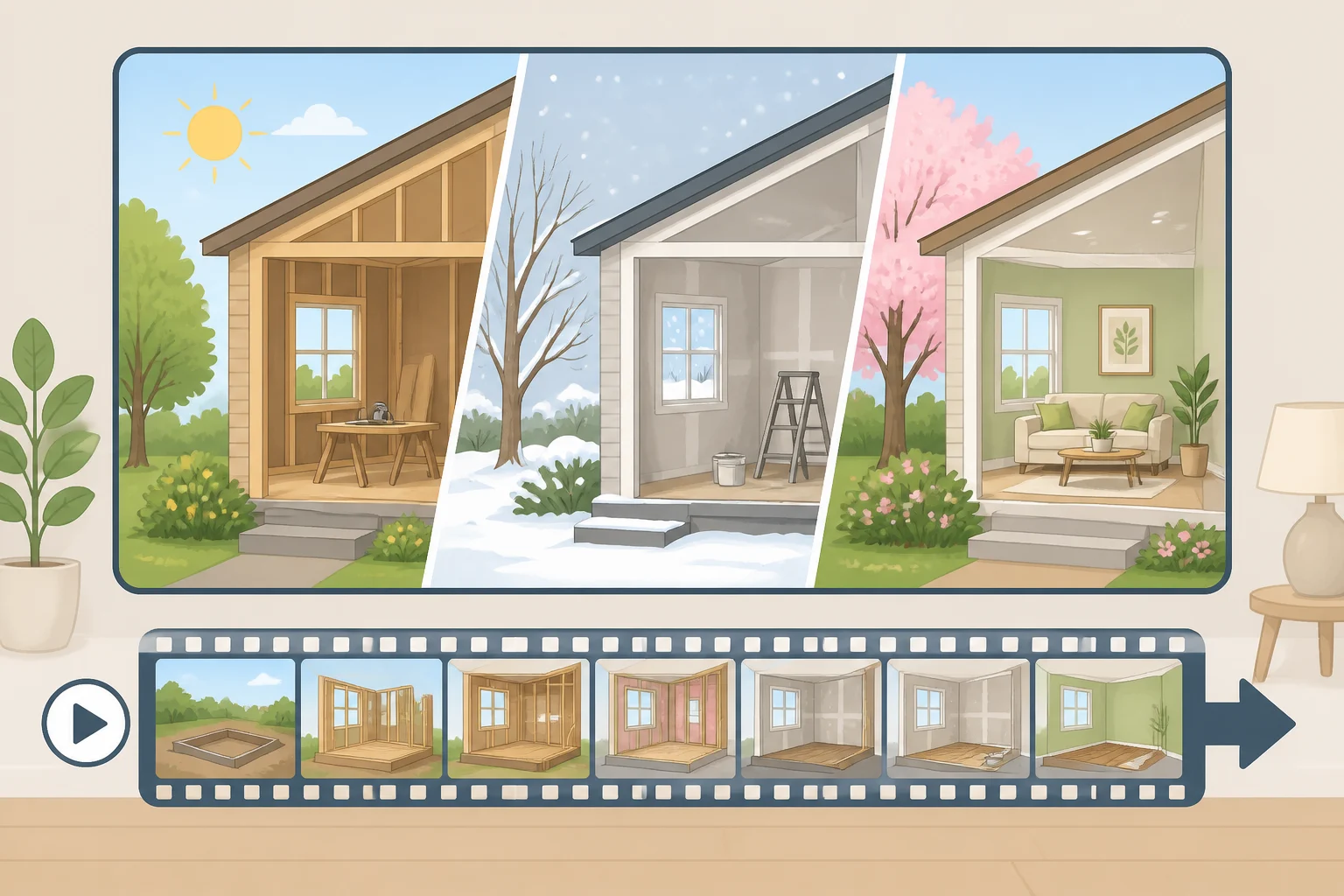 A visual timeline showing how HGTV edits compress summer-to-winter-to-spring progress into one continuous renovation episode