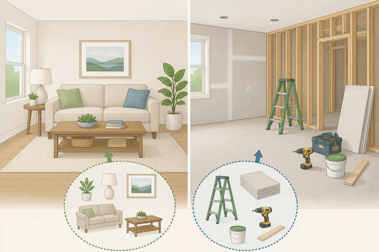 A room diagram marking which items are staging furniture and accessories versus which elements are actually constructed during the renovation