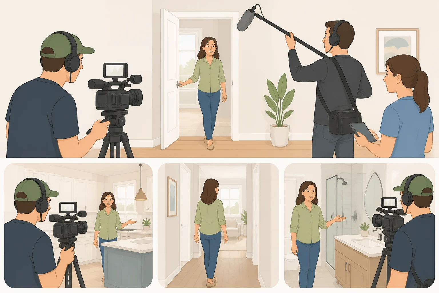 HGTV renovation secrets: a homeowner repeatedly walking through renovated rooms while the camera crew re-records angles and clean audio