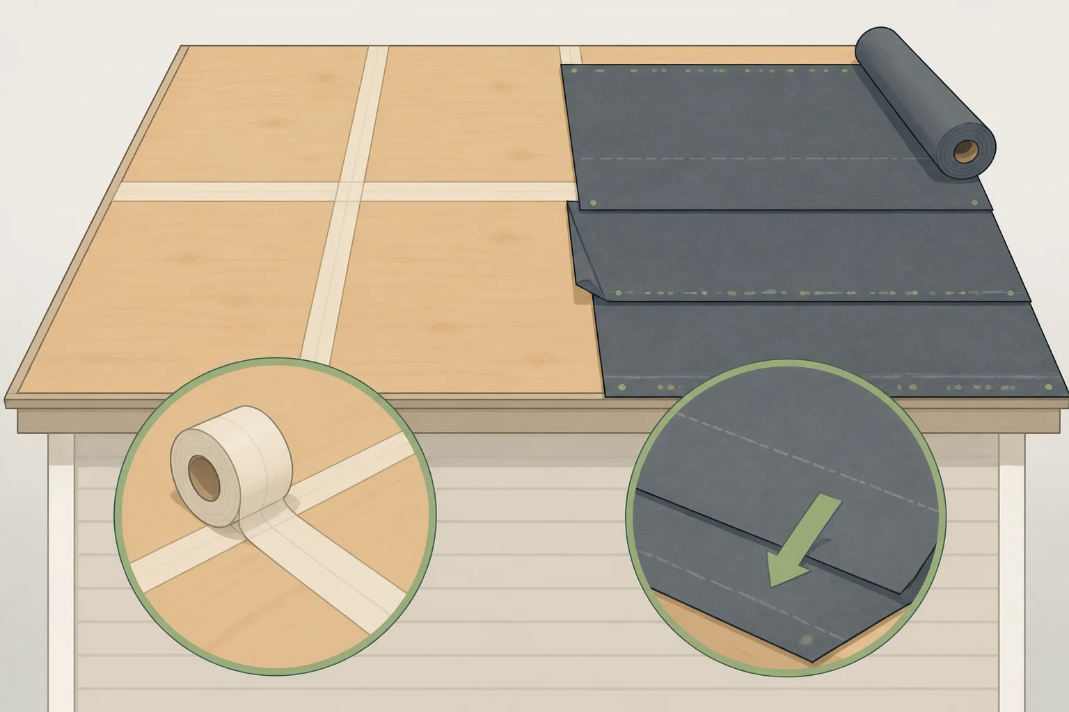 Cross-section diagram of a roof showing sealed roof-deck seams and properly overlapped underlayment acting as a backup barrier after shingle damage