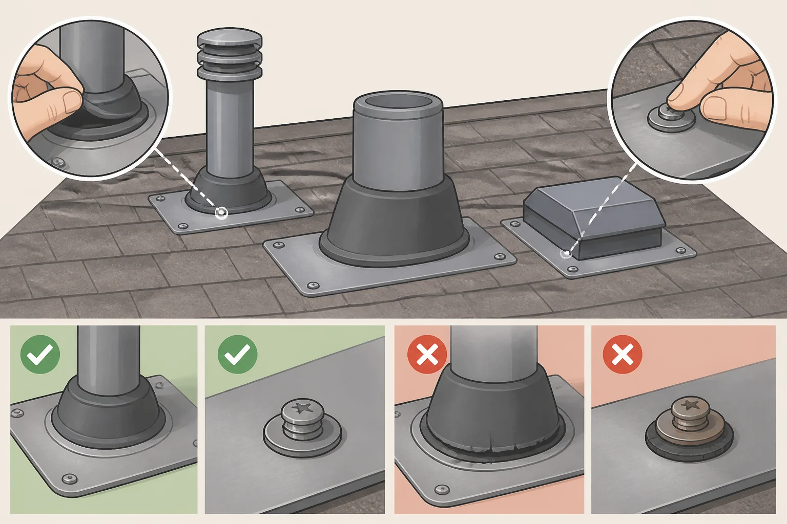 Close-up illustration of flashing around a vent pipe with highlighted fasteners, rubber gaskets, and potential water entry points from a loose fastener