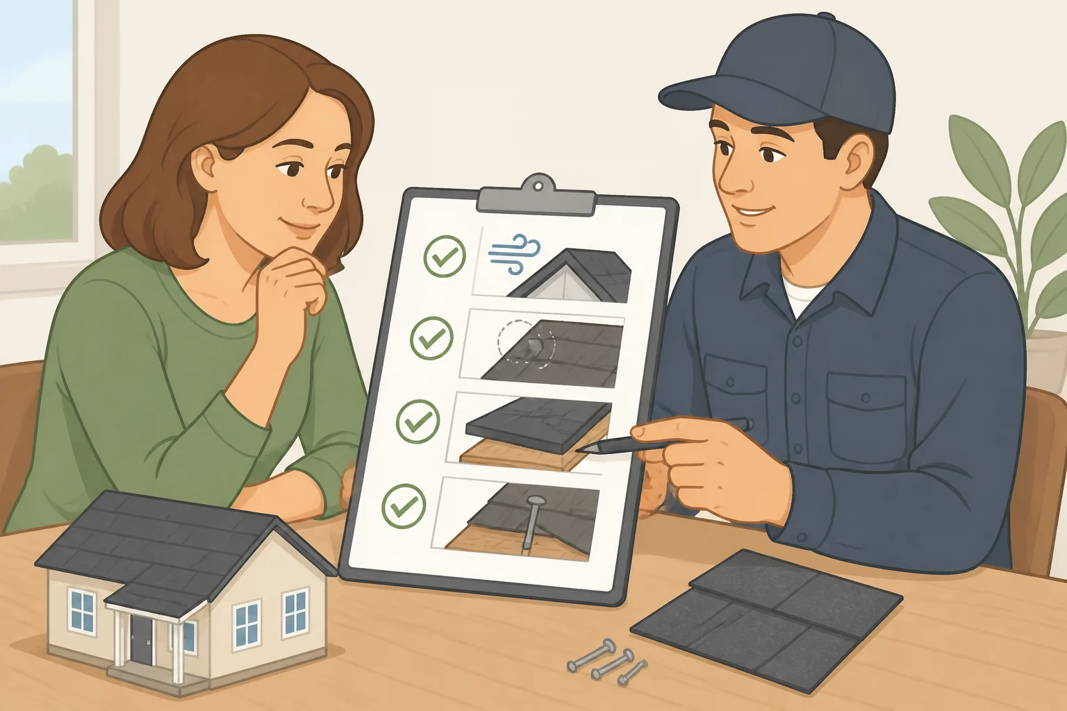 Annotated roofing quote page showing what to look for in a durable roof: wind-test standard and classification, impact-test standard and class, deck-sealing method, fastening and vent testing, and climate-matched material