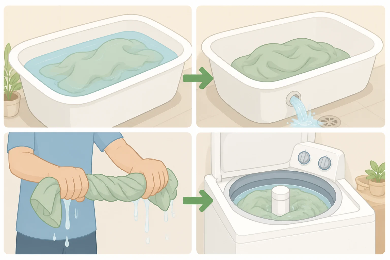 Step-by-step visual of filling a bathtub with dissolved stripping mixture, submerging towels, soaking until cool, then draining, wringing, and running a final rinse cycle without detergent or softener