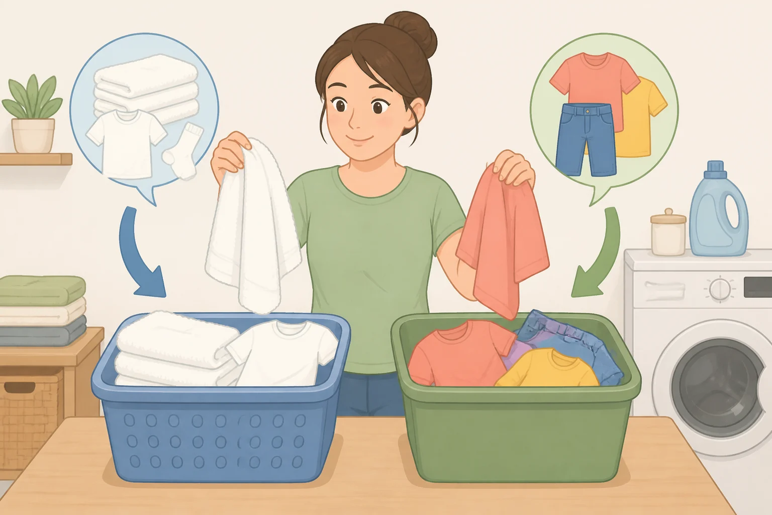 Chart-style illustration of which textiles are safe candidates for how to strip towels (colorfast whites and towels) and which items to avoid (delicates, shrinking-prone fabrics, non-colorfast colors)