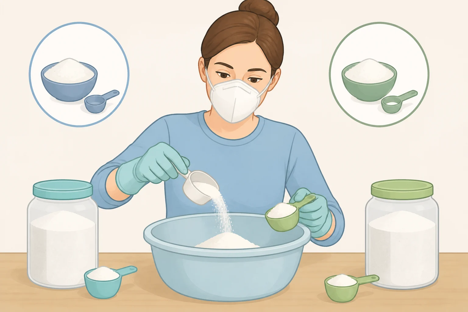 Person wearing gloves and a mask while measuring and mixing borax and washing soda for a laundry stripping soak