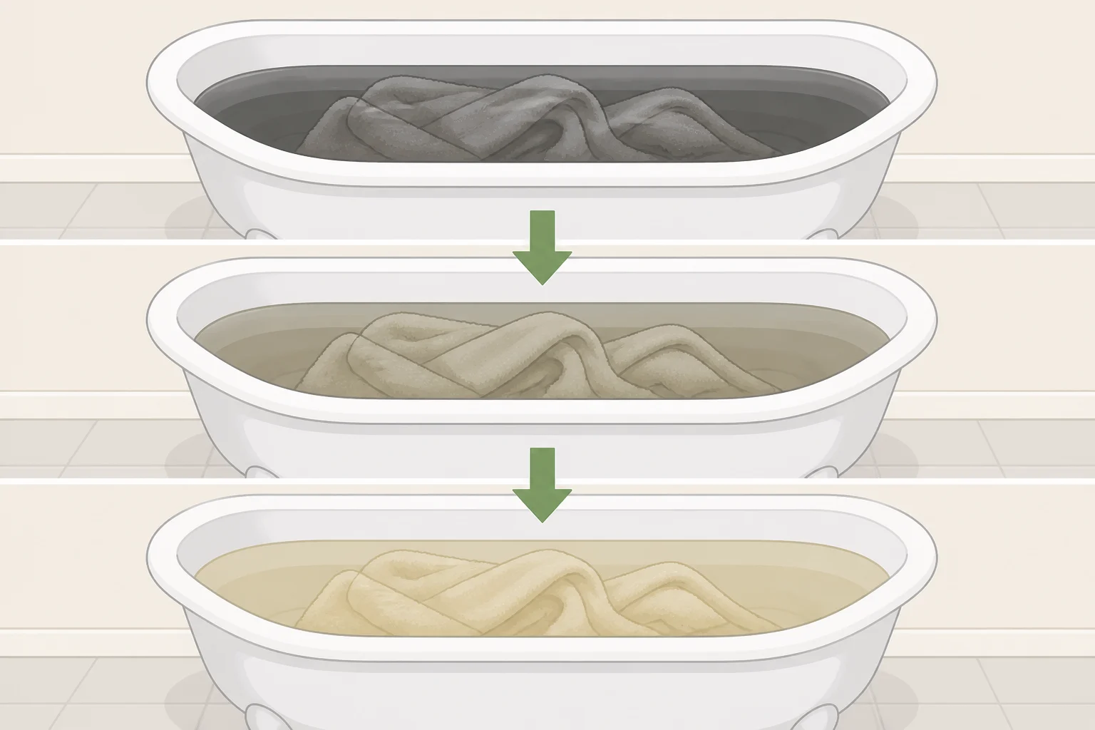 Example of how strip laundry can turn the bathtub water dark gray or brown while towels soak, helping readers understand what the process removes