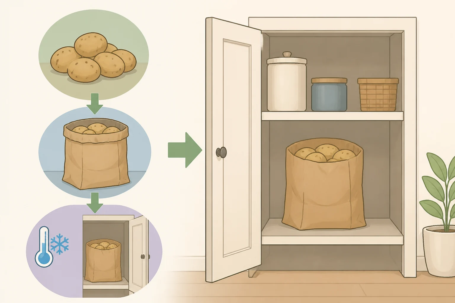 Potatoes stored in an open paper bag inside a dark, cool pantry cabinet away from the stove, with airflow and light avoidance emphasized for short-term storage
