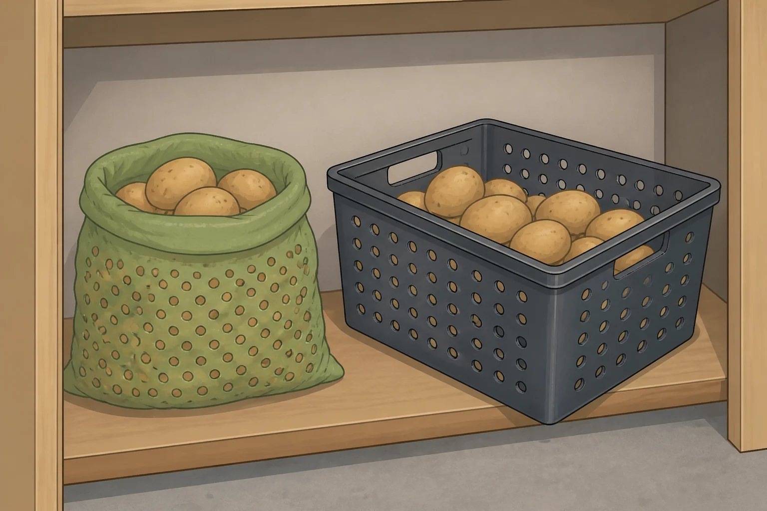 A perforated paper bag or ventilated container holding dry potatoes in a cool, dark basement corner—key for how to store potatoes long term