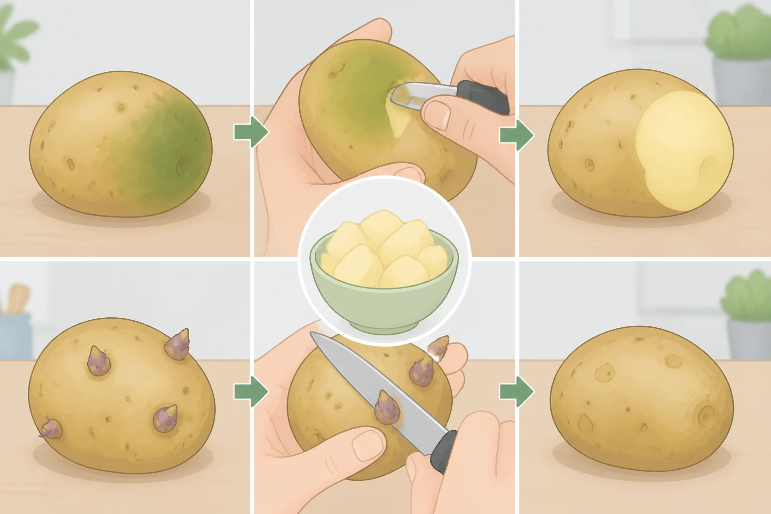 A split-view of a potato with a small trimmed green area removed and small sprouts cut off, showing the inspection steps for stored potatoes