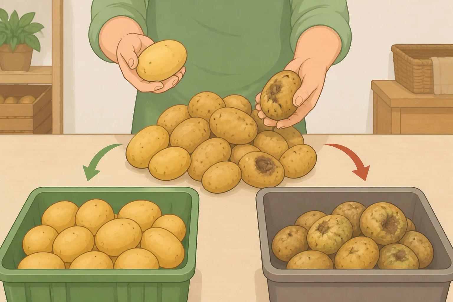 A kitchen sorting station where unblemished, firm potatoes are kept while bruised, cut, soft, or wrinkled potatoes are set aside for immediate use