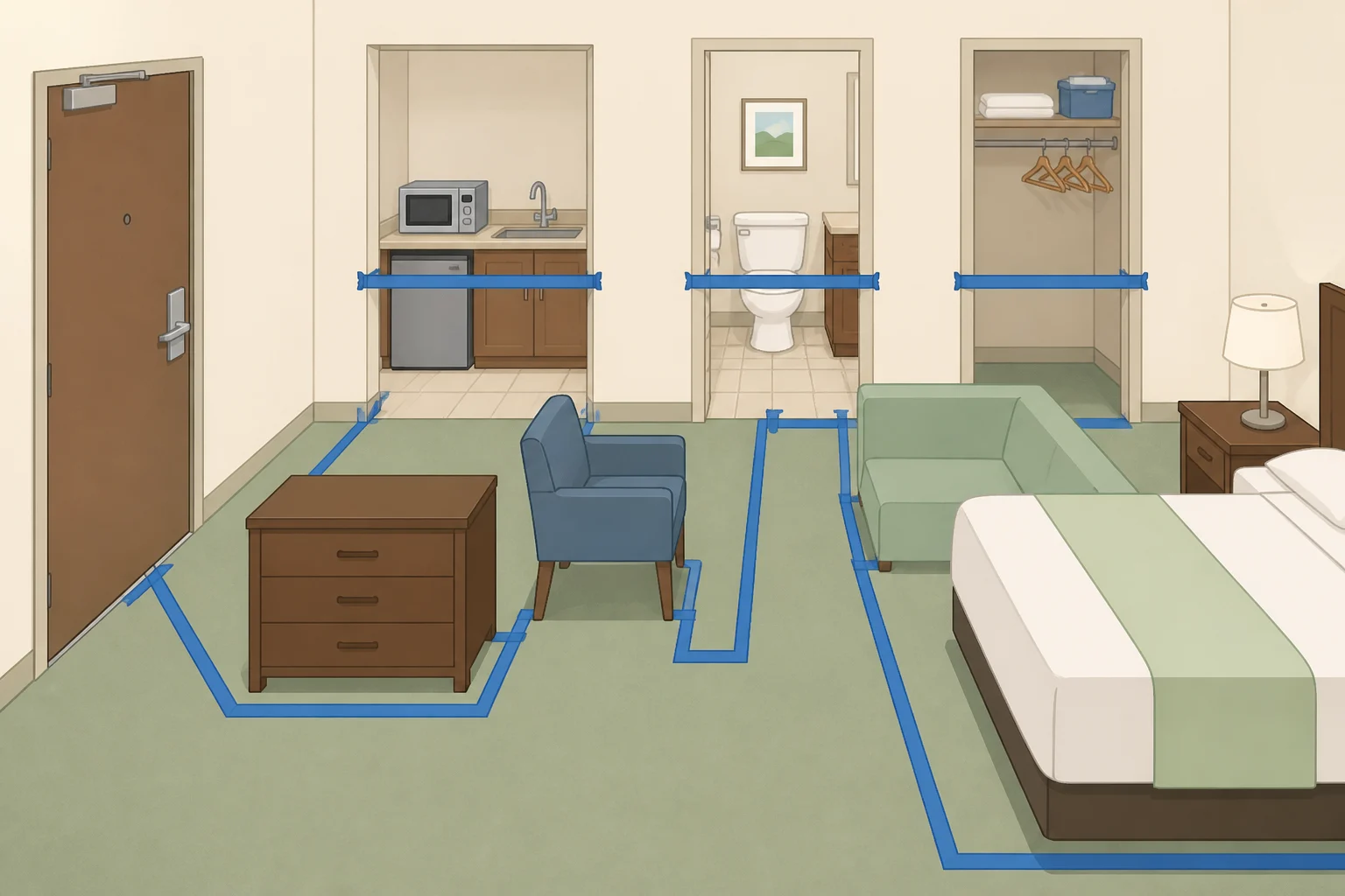 Painter’s tape tracing the allowed walking route in a small studio, with clear floor space reserved for circulation around the bed and furniture