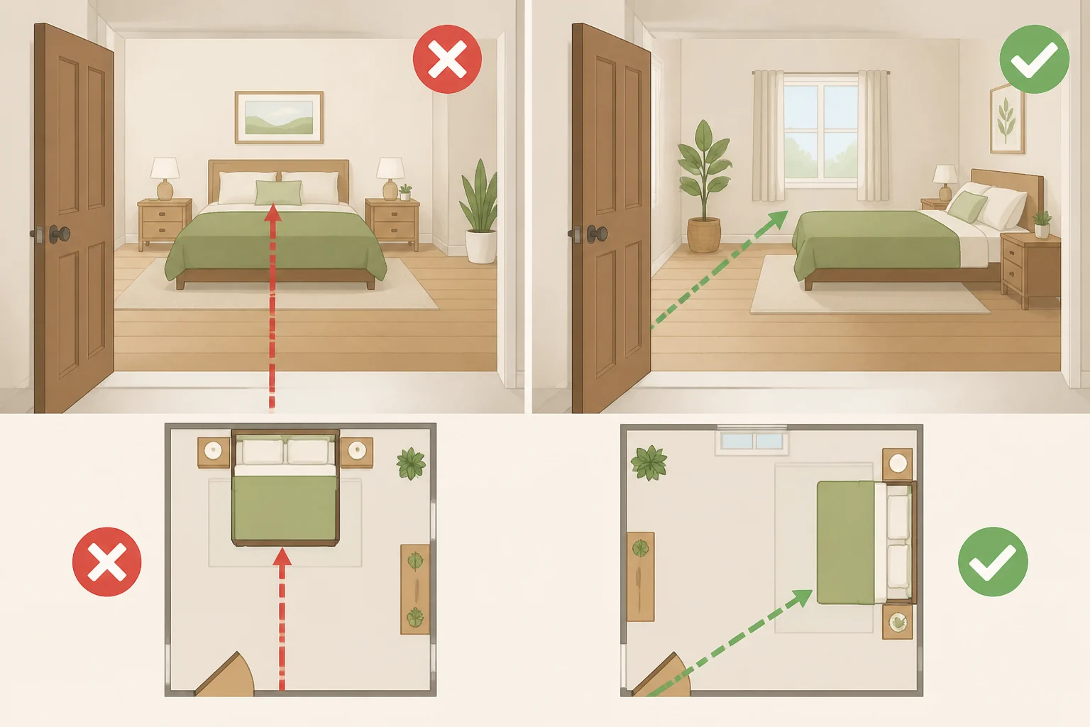 Diagram-like view showing the queen bed positioned along the open long wall so the sightline from the entry to the window wall runs straight without the bed blocking it