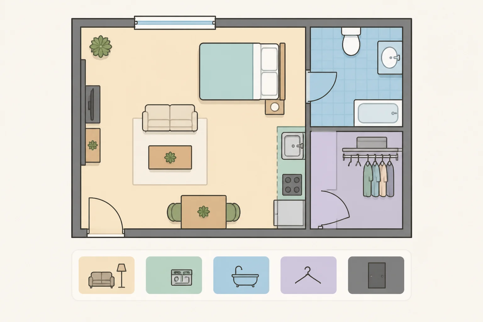 Annotated floor plan of an 11-by-16-foot studio showing entry door, closet by the door, centered window on the opposite wall, kitchenette strip, bathroom door, and open long wall to guide how to make a small studio apartment feel bigger