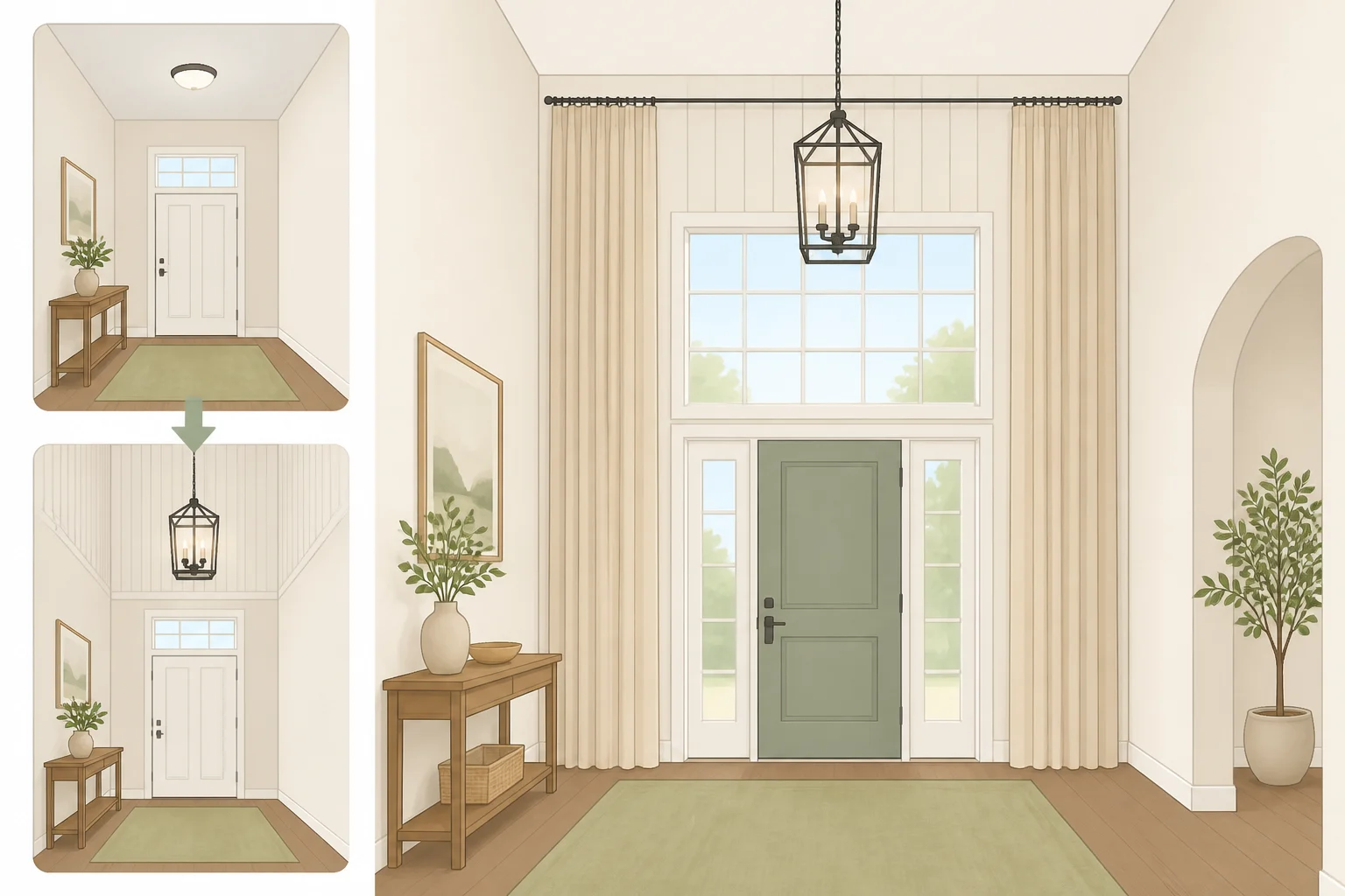 Studio interior view illustrating high-ceiling design cues—curtains hung near the ceiling and tall storage placed on the less-visible wall—to enhance the entry transition for a 10-foot ceiling