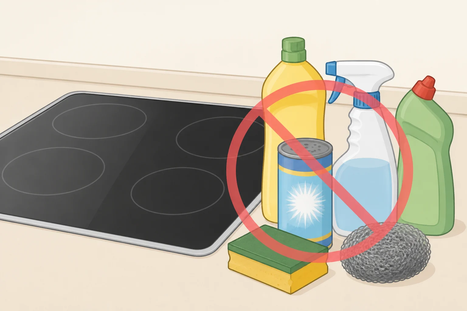 Illustration showing a checklist of items to avoid on a glass cooktop, such as steel wool, abrasive powder cleaners, chlorine bleach, and ammonia, with the cooktop left ready for safe cleaning