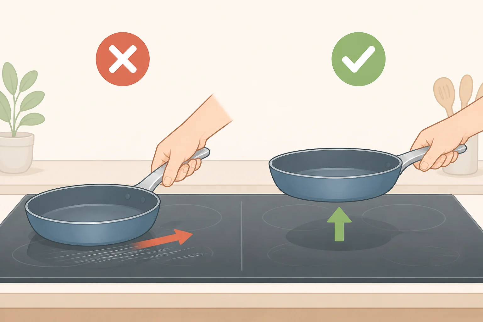 Illustration of a person lifting a pan off a glass cooktop rather than sliding it, helping prevent scratches and surface marks