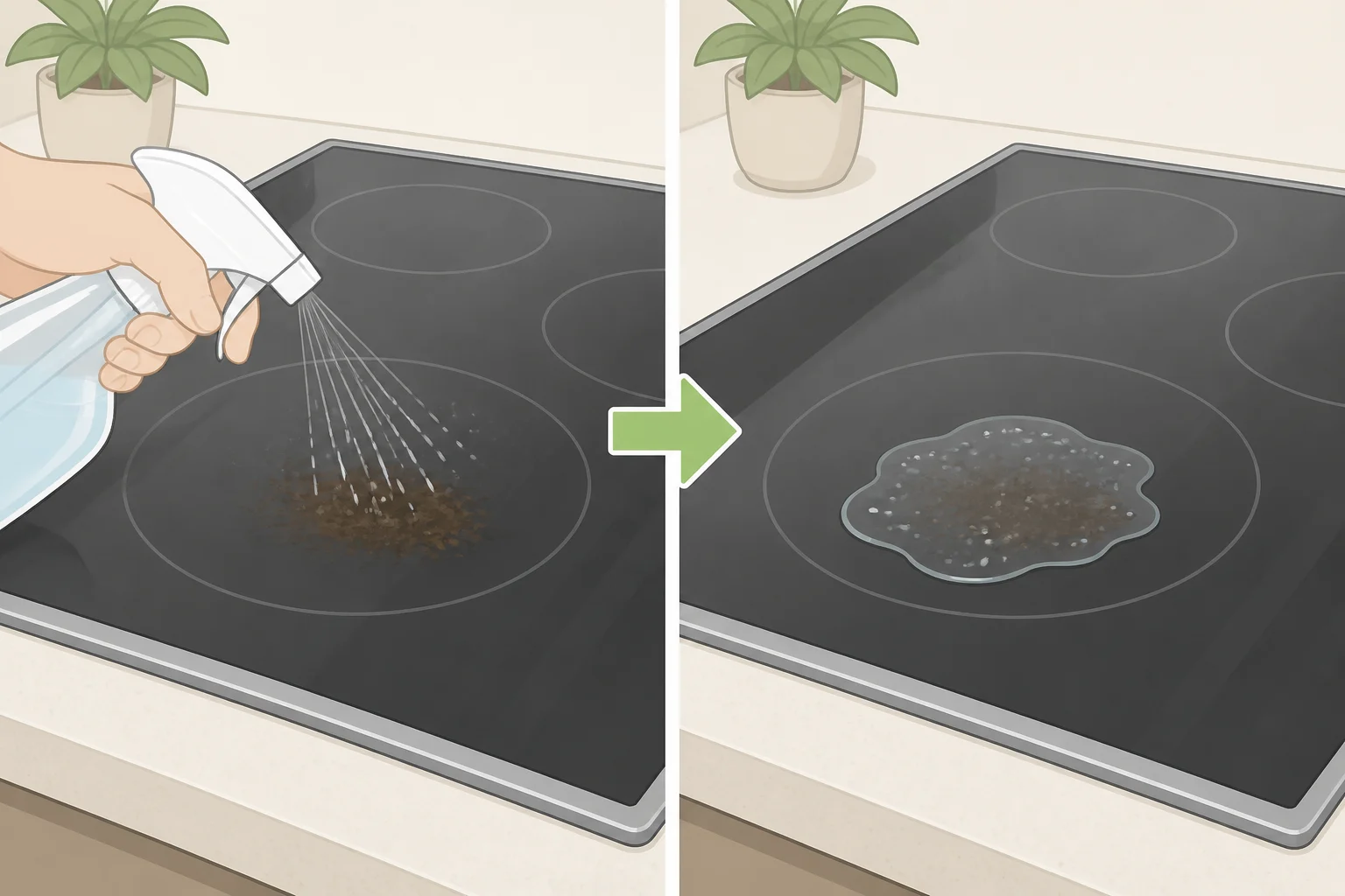 Illustration of how to clean a glass cooktop without scratching it by spraying plain water over a stained area and soaking for several minutes before wiping
