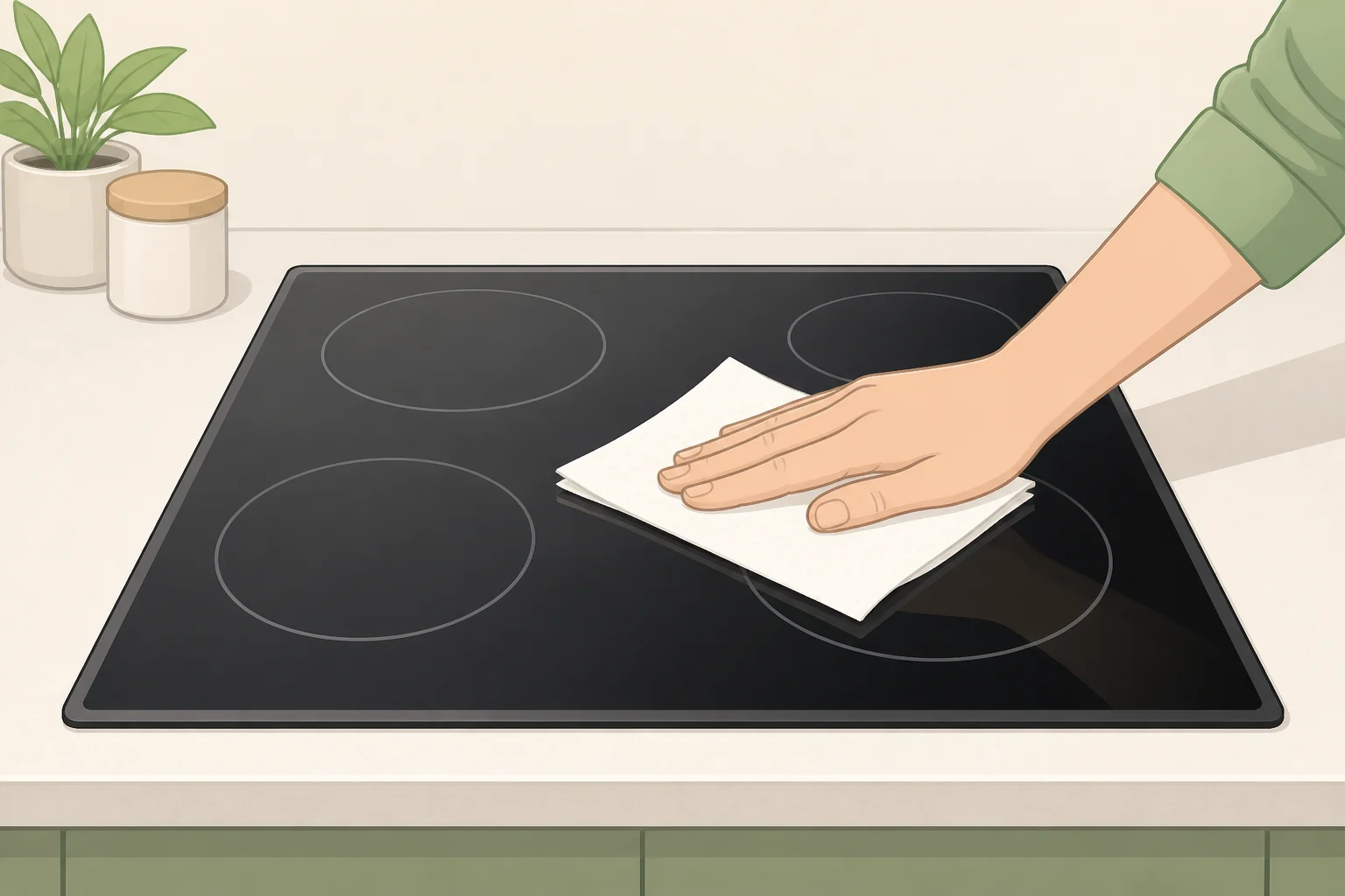 Illustration of a dry paper towel being drawn across a freshly cleaned glass cooktop to check that no greasy haze, grit, or cleaner residue transfers