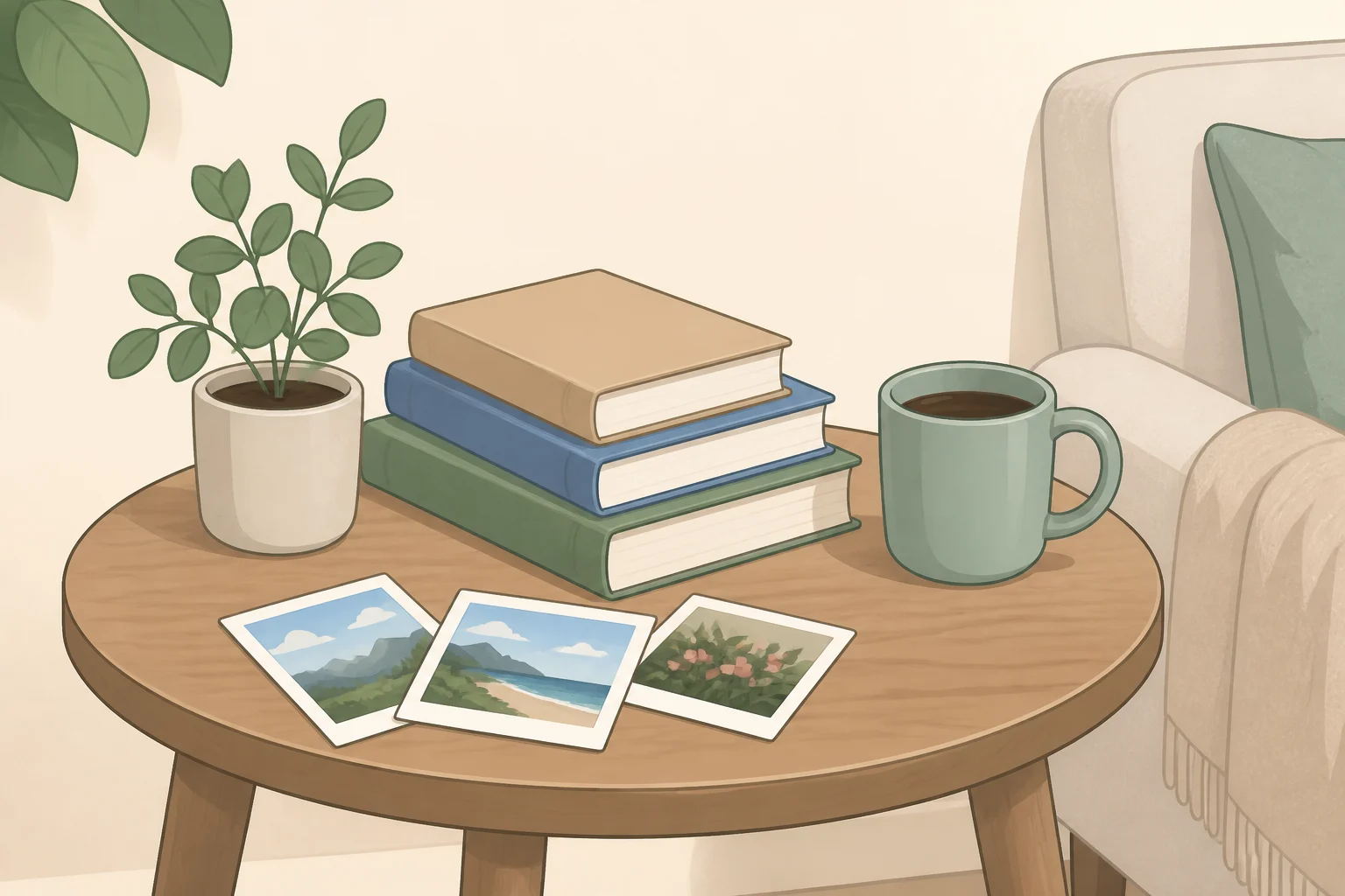 Everyday books, a reachable mug, and loosely placed framed photos on a small landing table for a lived-in burrowcore aesthetic