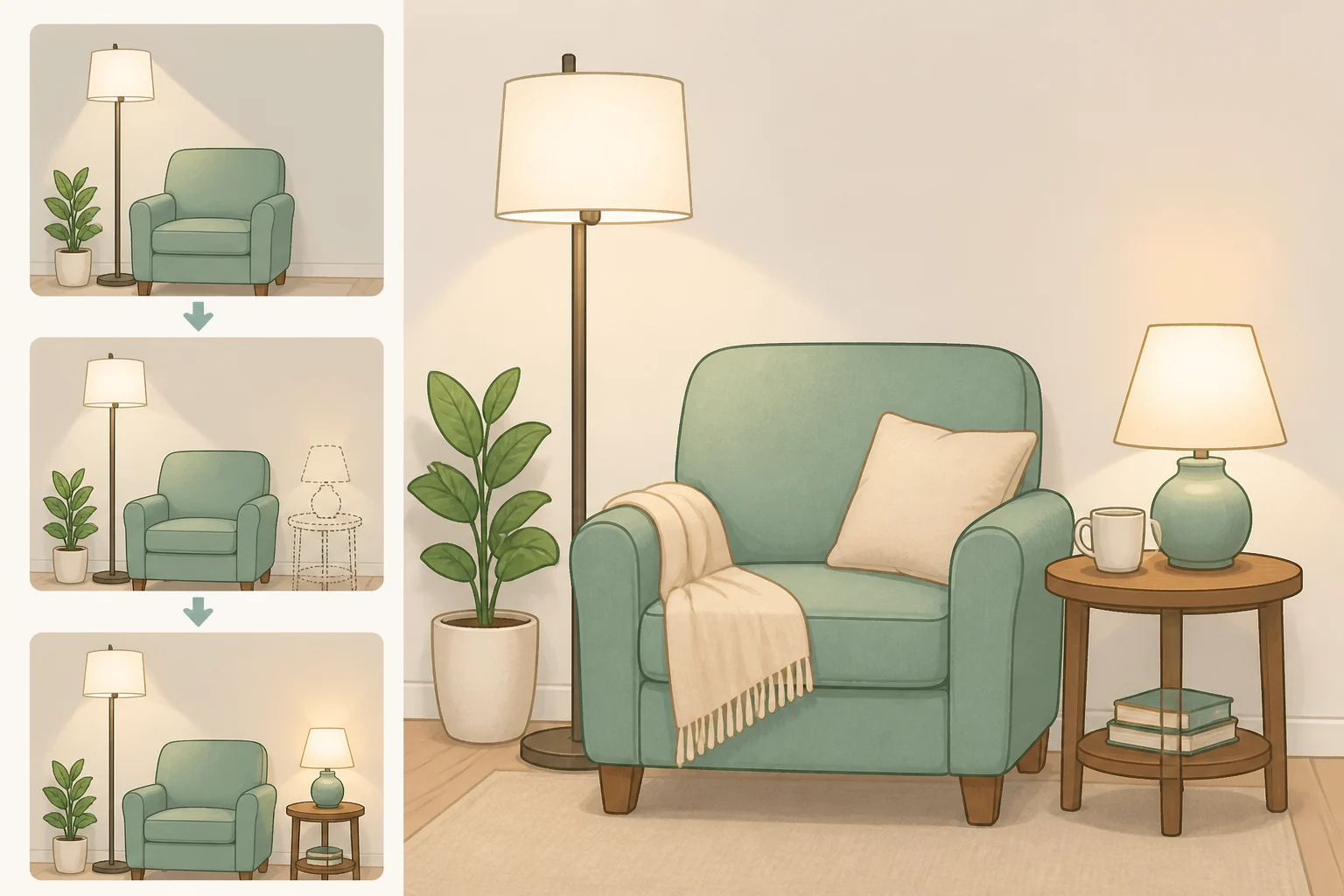 A second light source placed beside a reading chair to create layered, warm burrowcore lighting