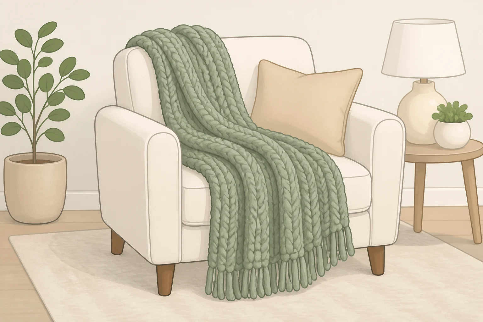 A chunky-knit throw draped over an arm of a chair or sofa to create cozy layered texture for burrowcore