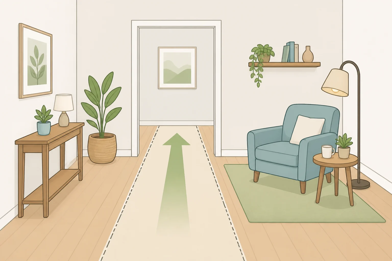 A burrowcore aesthetic corner with a reading chair positioned in a corner while a clear walkway remains open through the room