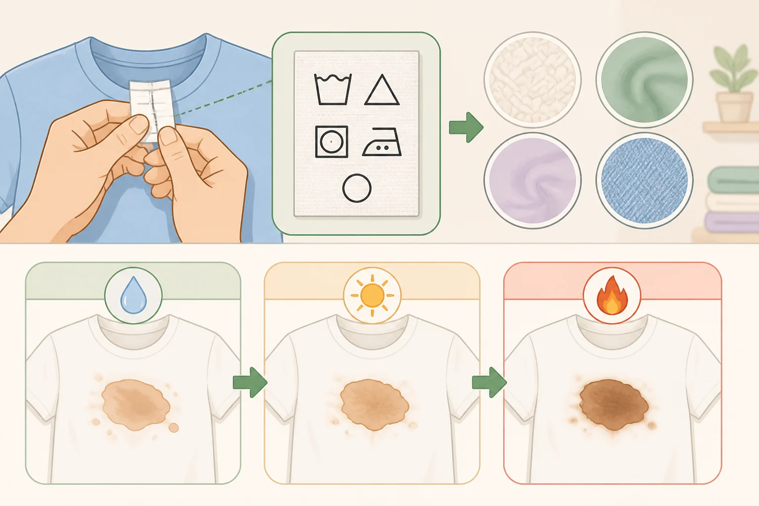 A close-up of a clothing care label next to a checklist that separates fresh, dried, and heat-set blood stains before choosing a cleaning method