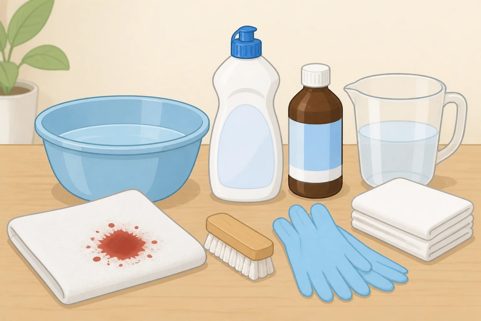 A flat-lay of supplies for how to get blood stains out of clothes, including cold running water, bar soap or laundry detergent, an enzyme presoak, 3% hydrogen peroxide, white cloths, and gloves