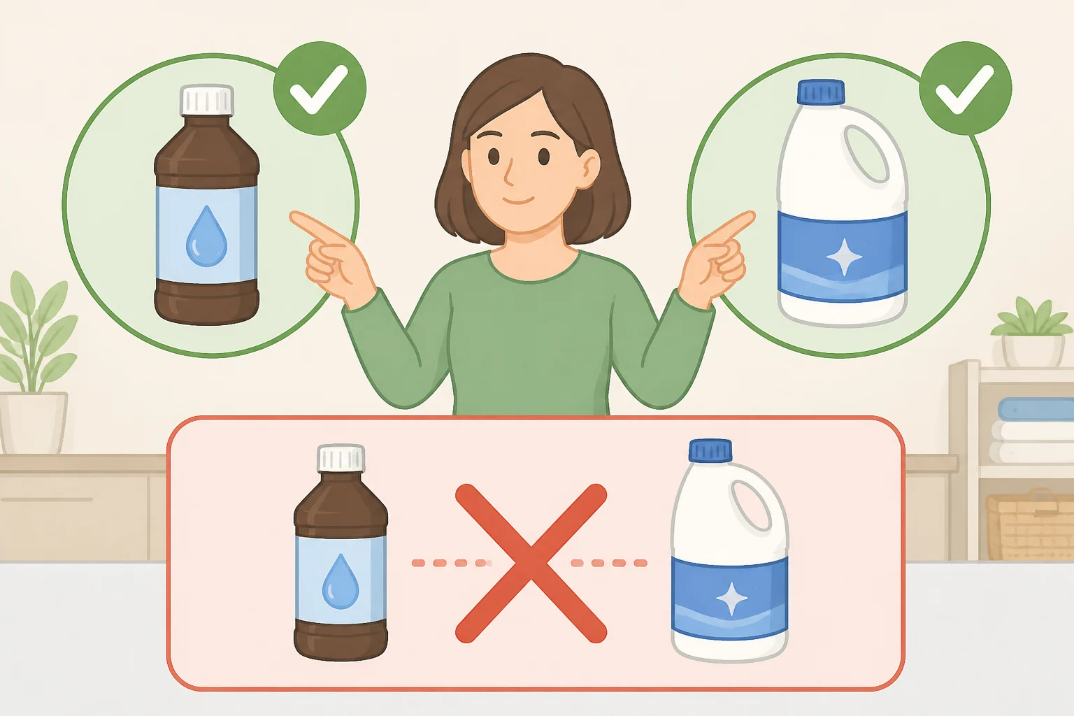A split illustration showing Option 1 hydrogen peroxide applied with gloves or Option 2 oxygen bleach/bleach used as labeled, with a warning icon indicating not to mix stain treatments