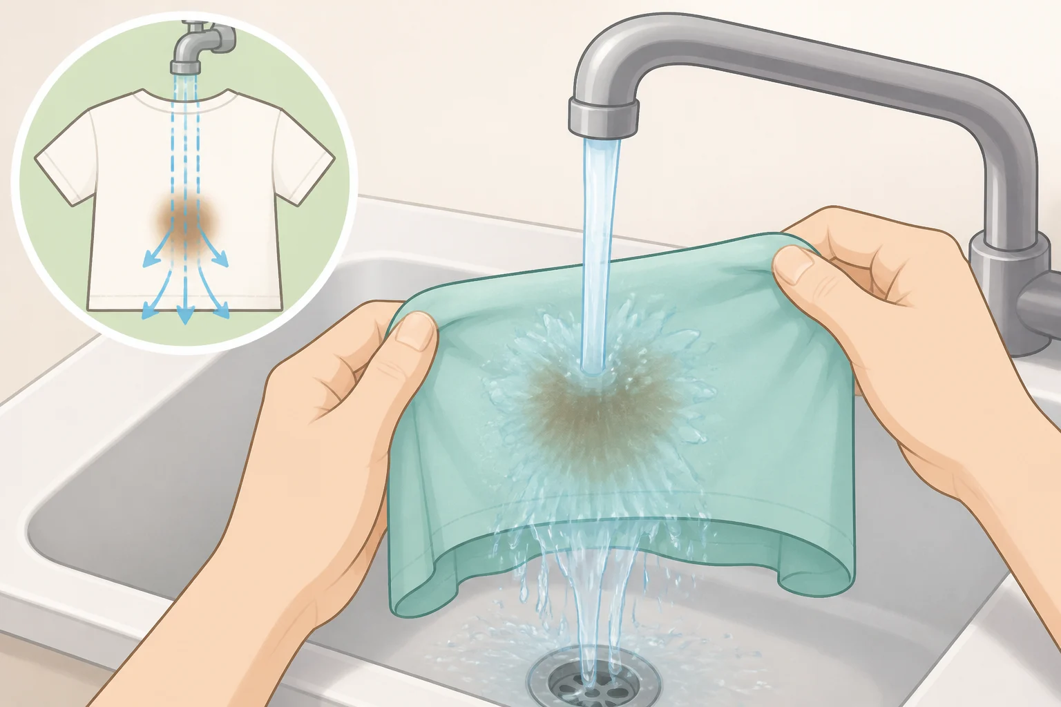 A step-by-step view of flushing the back of a blood stain under cold running water, with detergent being worked into the wet fabric before washing on cold