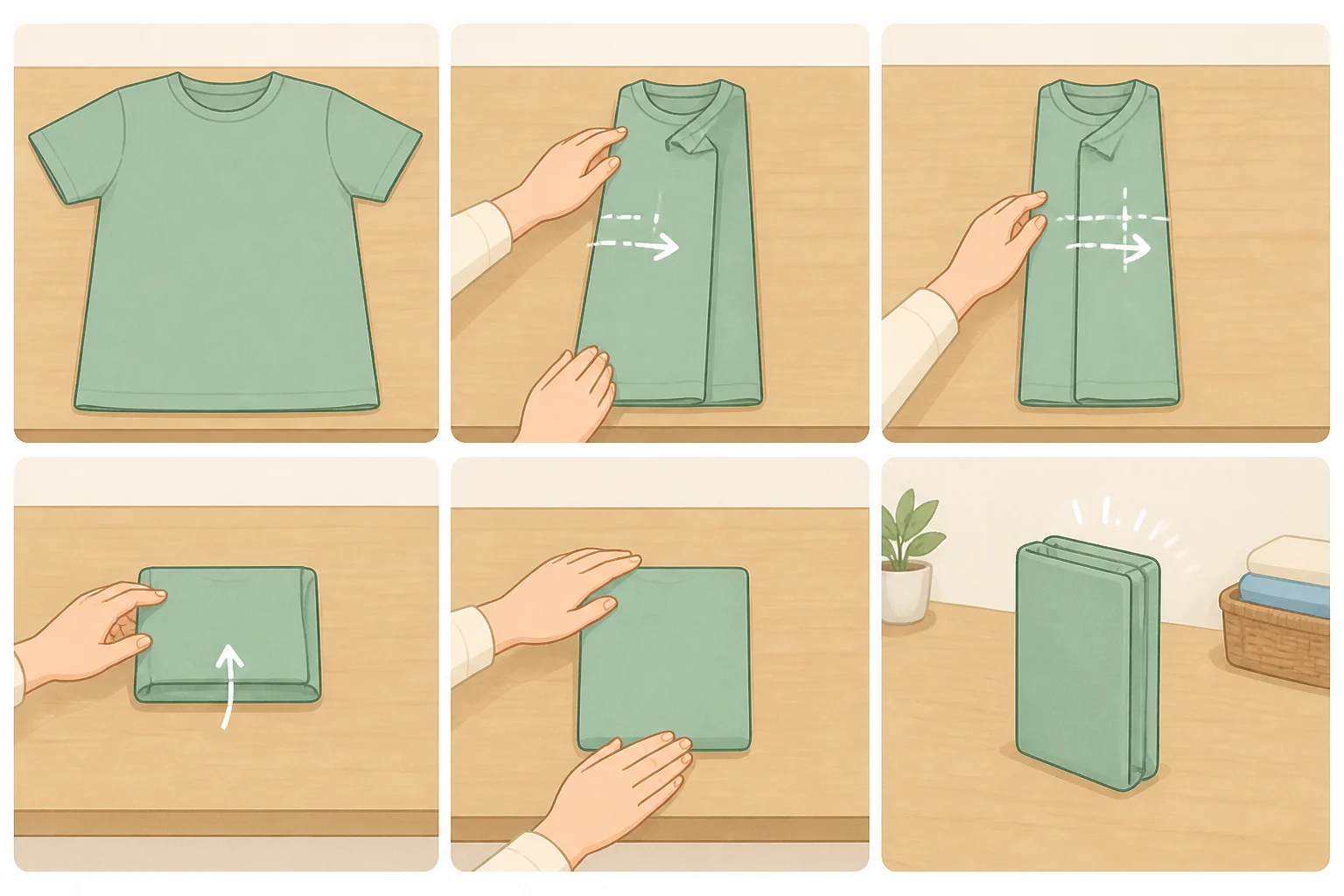 Series of file-fold steps showing a garment smoothed flat, folded into a long rectangle, folded into thirds or quarters, and tested upright in a drawer
