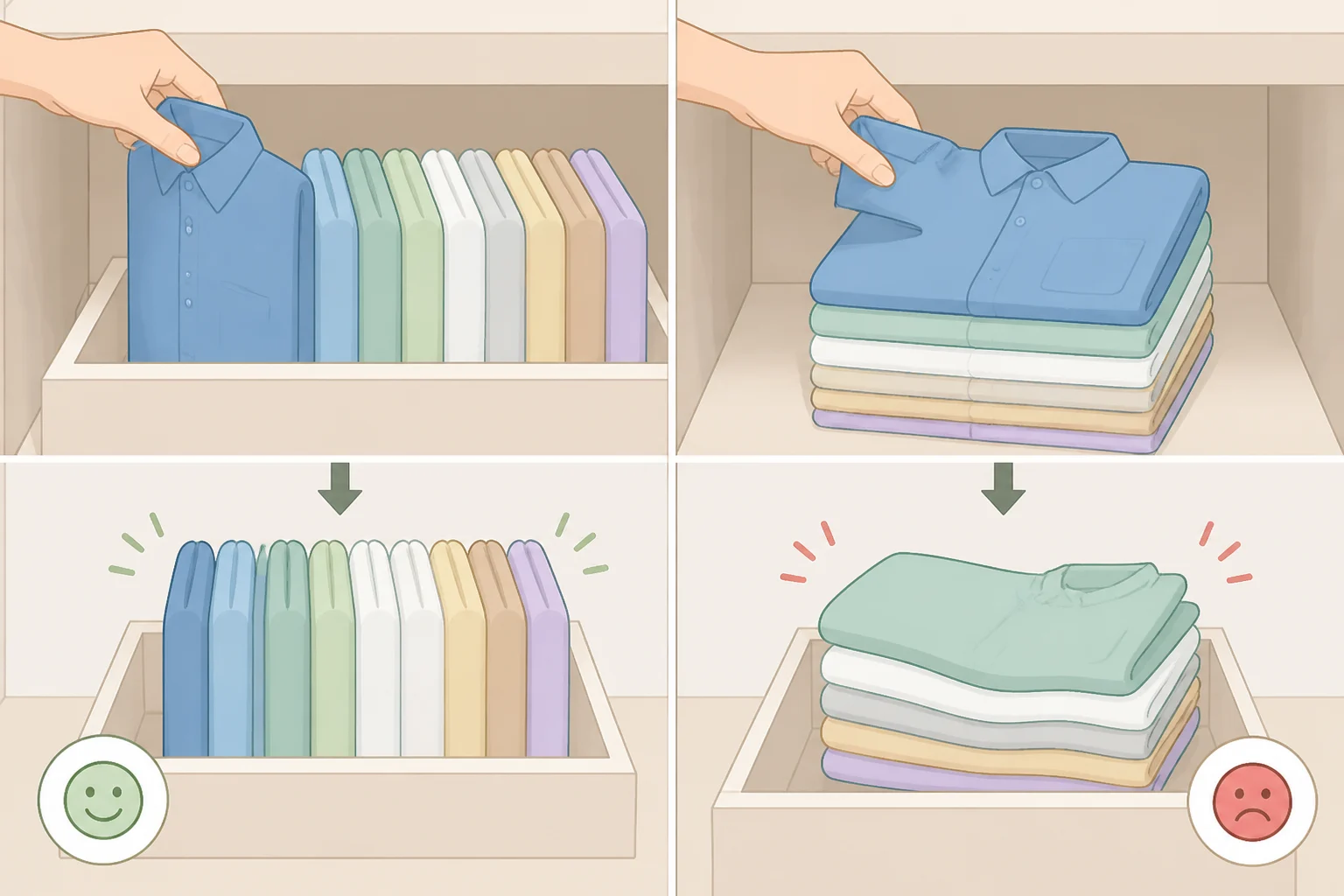 Side-by-side comparison of stacked shirts falling when pulled versus file-folded shirts standing upright in rows, showing how to file fold clothes for easy scanning