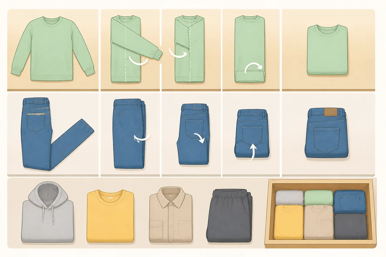 Garment-specific file-fold adjustments: tucked sleeves for T-shirts, stacked denim folding for pants, sleeves folded across the front for sweaters, and smoothed athletic wear folded flat