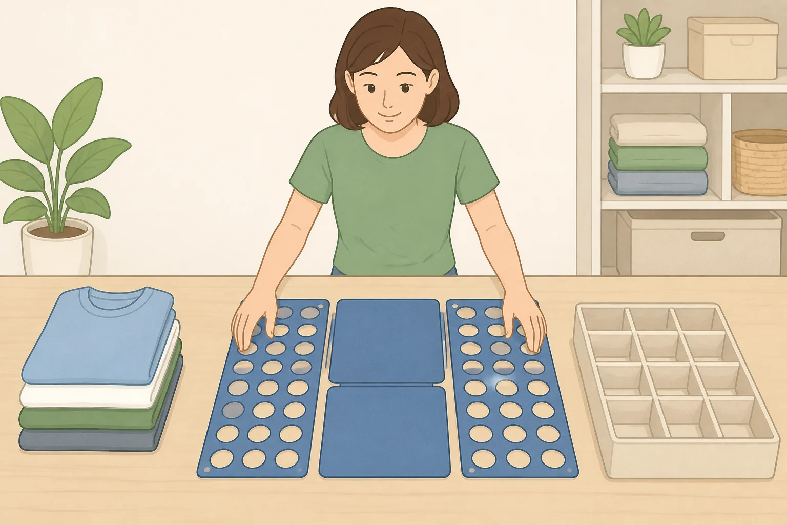 A prep layout with a folding board, drawer dividers or bins, and a clear flat surface for laying garments flat before you file fold