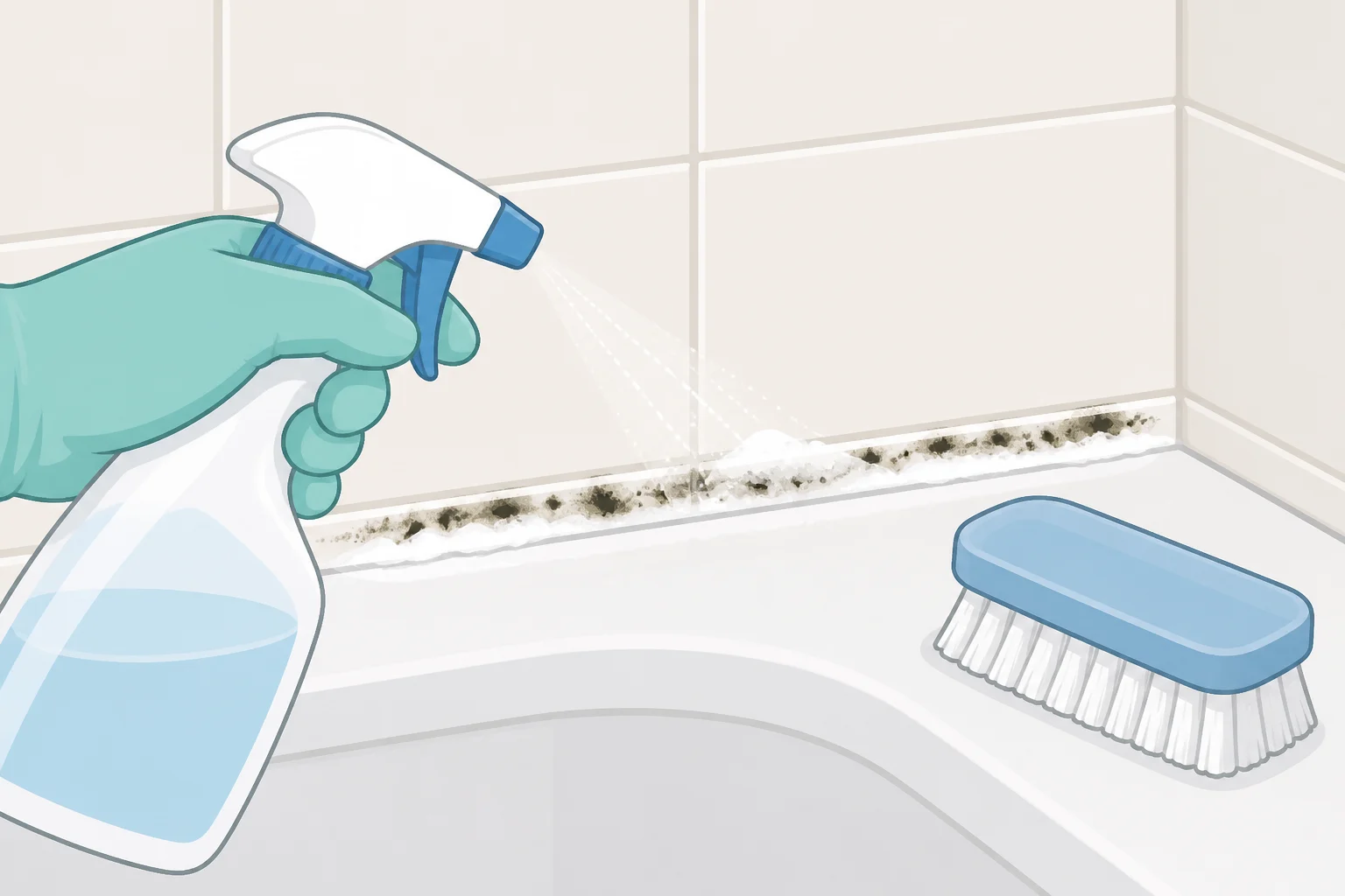Close-up of a shower caulk line with vinegar or hydrogen peroxide applied to a stained area, ready for gentle scrubbing with a soft brush