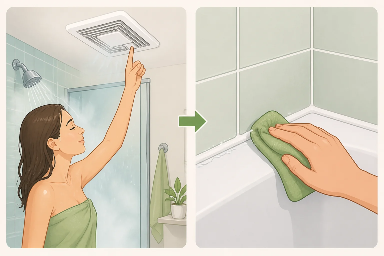 Diagram showing a bathroom exhaust fan operating during and after showers and wiping the caulk and tile dry to prevent mold regrowth
