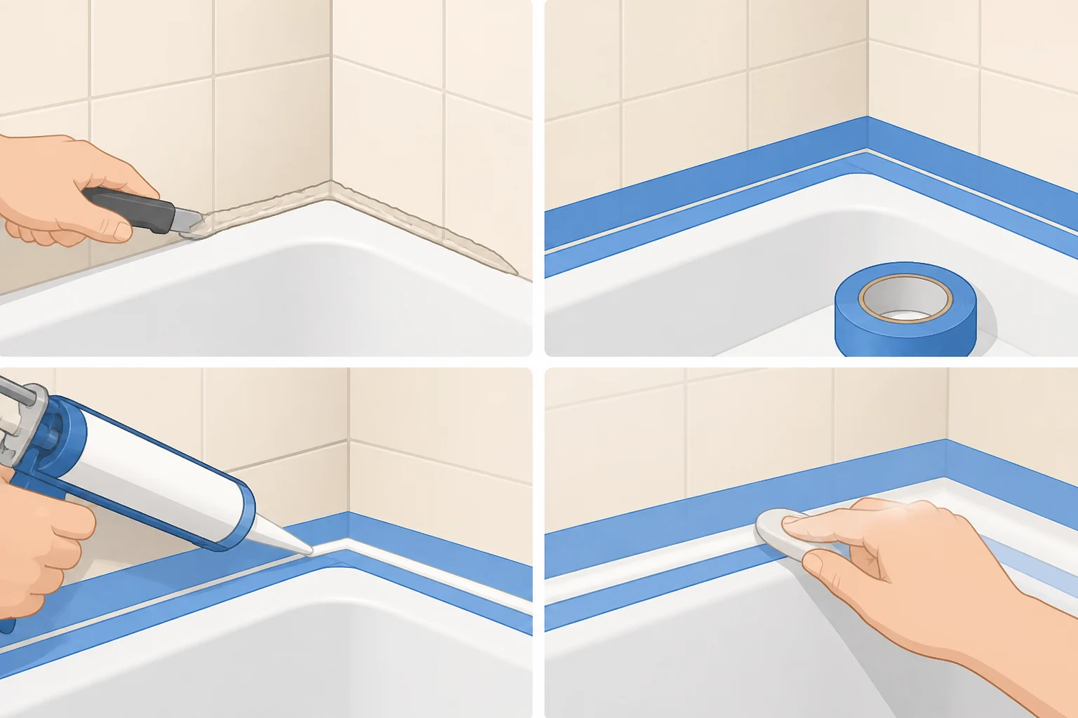 Illustration of using painter's tape to mask the tile edge while applying a continuous 100% silicone bead along the shower caulk joint, then smoothing it with a caulk tool
