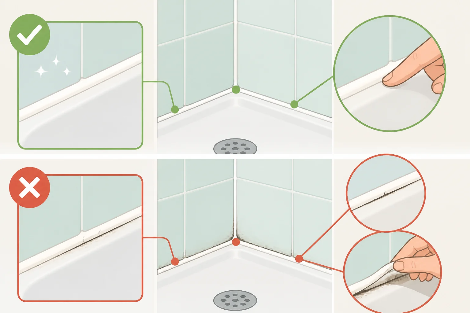Photo comparison to help decide how to remove mold from shower caulk by showing a firm, intact caulk line versus one that is soft, cracked, or separating from the tile