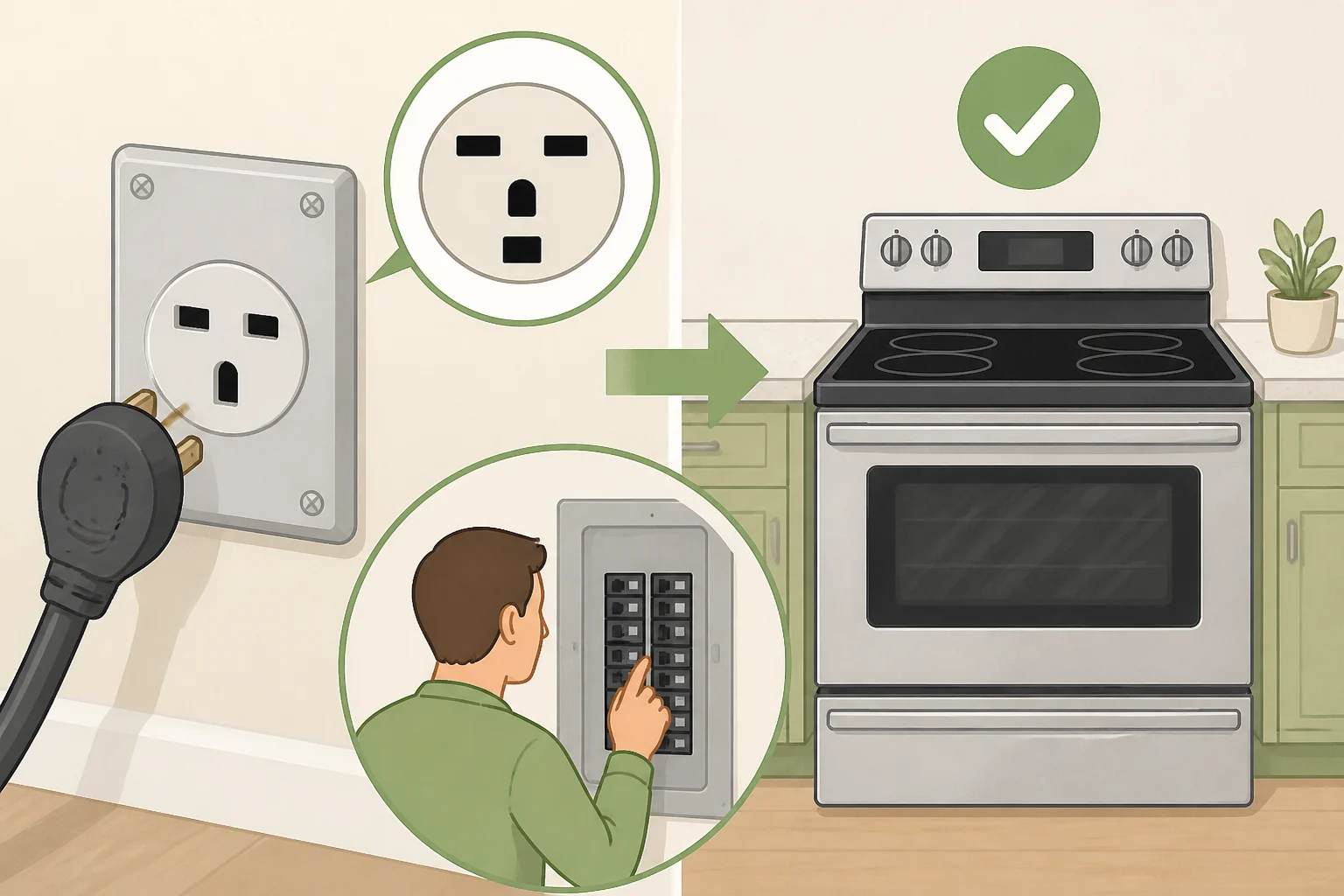Home installer checking that a kitchen has the required 220-volt line for an electric range before purchasing