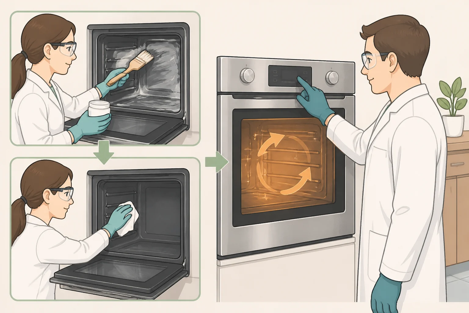 Lab technician applying proprietary goop to an oven interior and starting the self-clean cycle in Consumer Reports testing