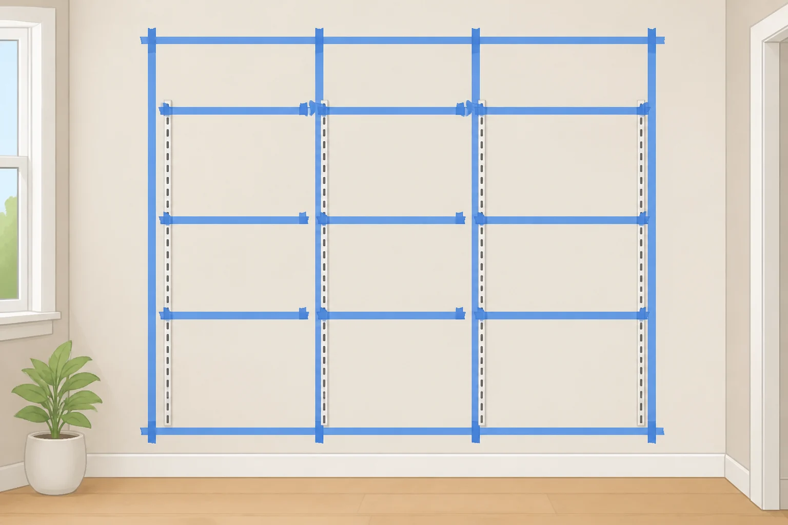Taped-out layout on a narrow entryway wall indicating where frames, rails, shelves, and baskets will be installed