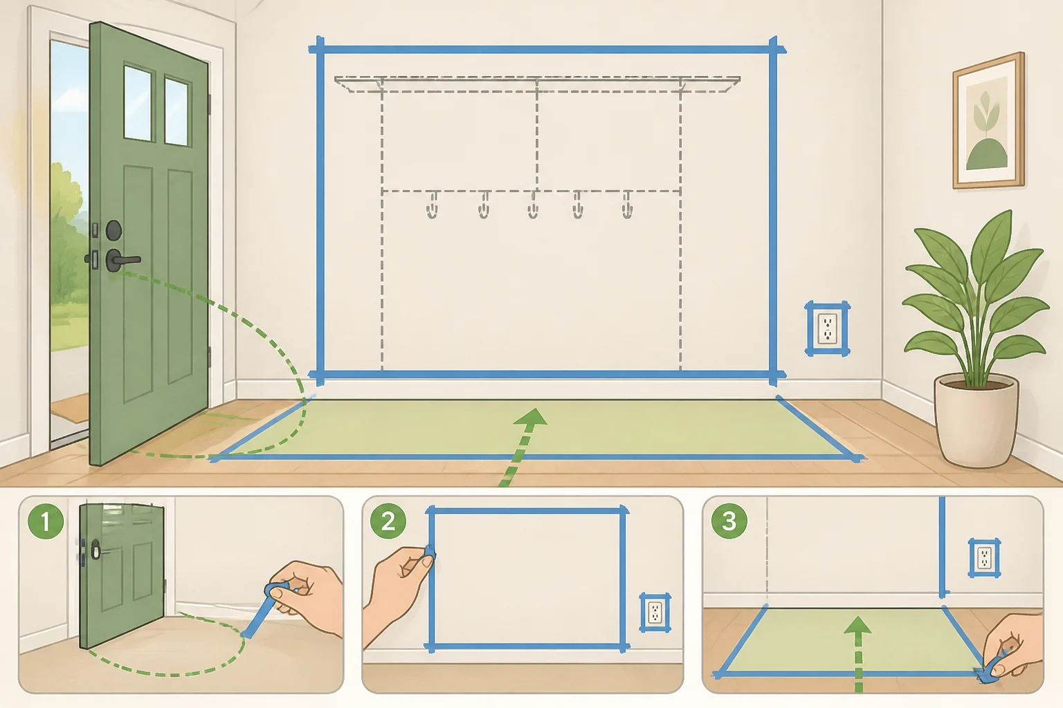 Marking clearance zones for an entryway closet system—showing door swing, light switches, outlets, and walking line—useful for entryway closet ideas for small apartments