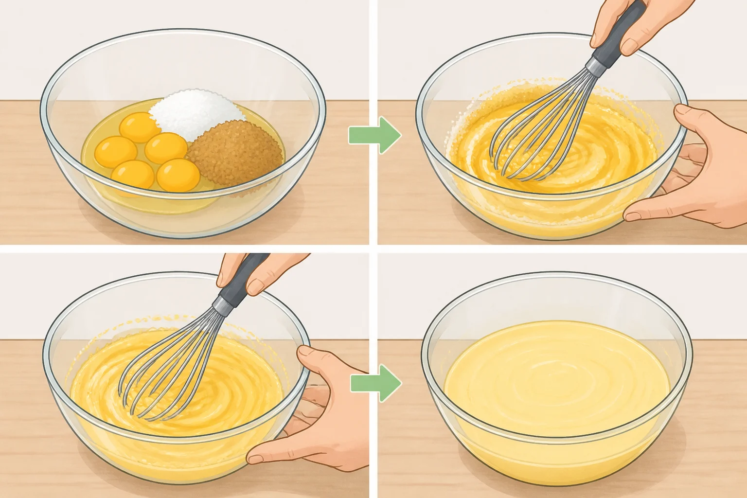 A bowl of whisked granulated sugar, brown sugar, eggs, and yolks for homemade cosmic brownies mixed until the batter looks smooth and glossy