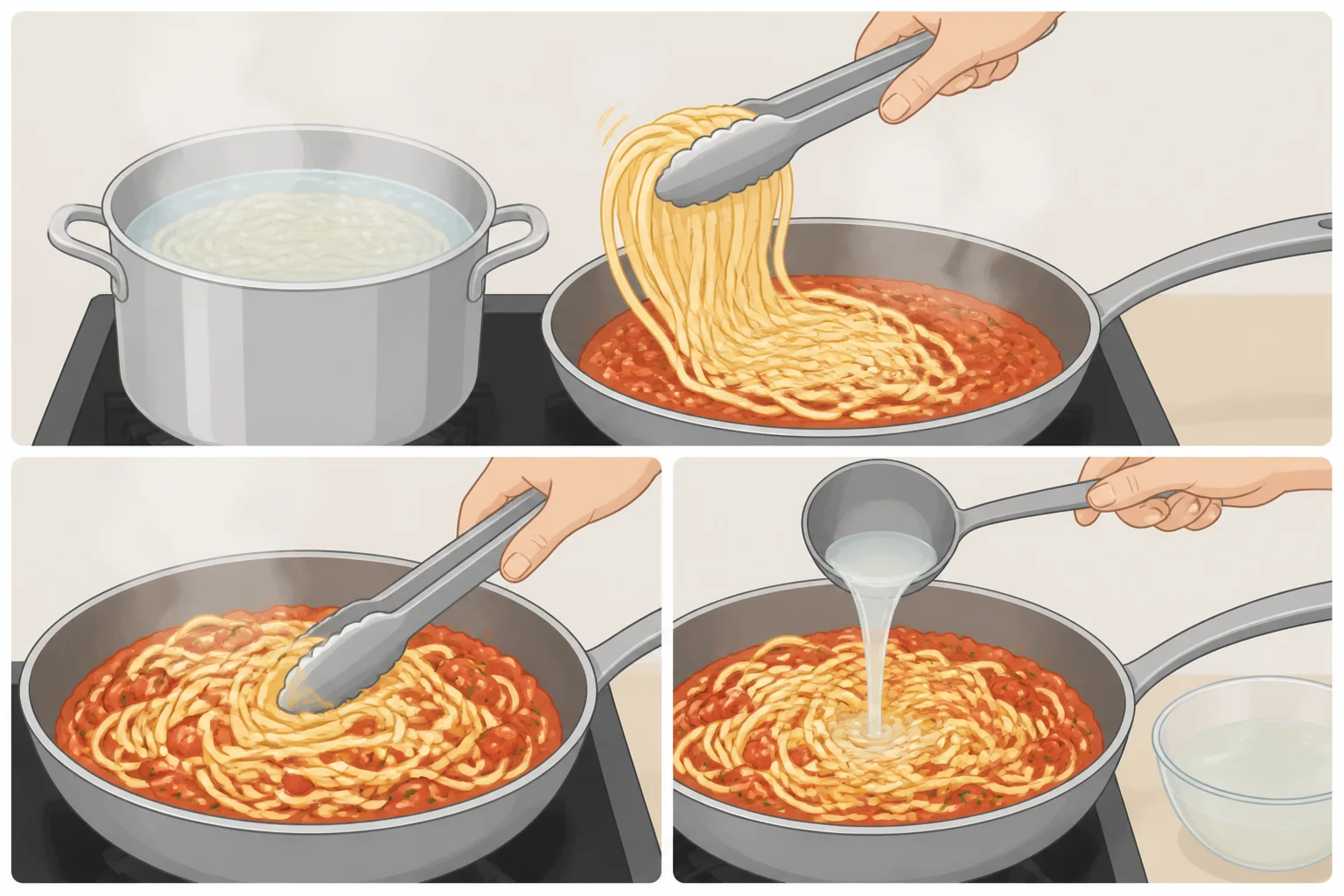 Cook placing drained-but-not-rinsed pasta into simmering sauce and adding a splash of reserved starchy pasta water for a cohesive coating